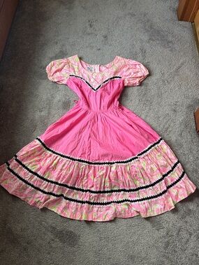 Vintage Western Square Dance Prairie Dress Pink Floral Ruffle SIZE 14